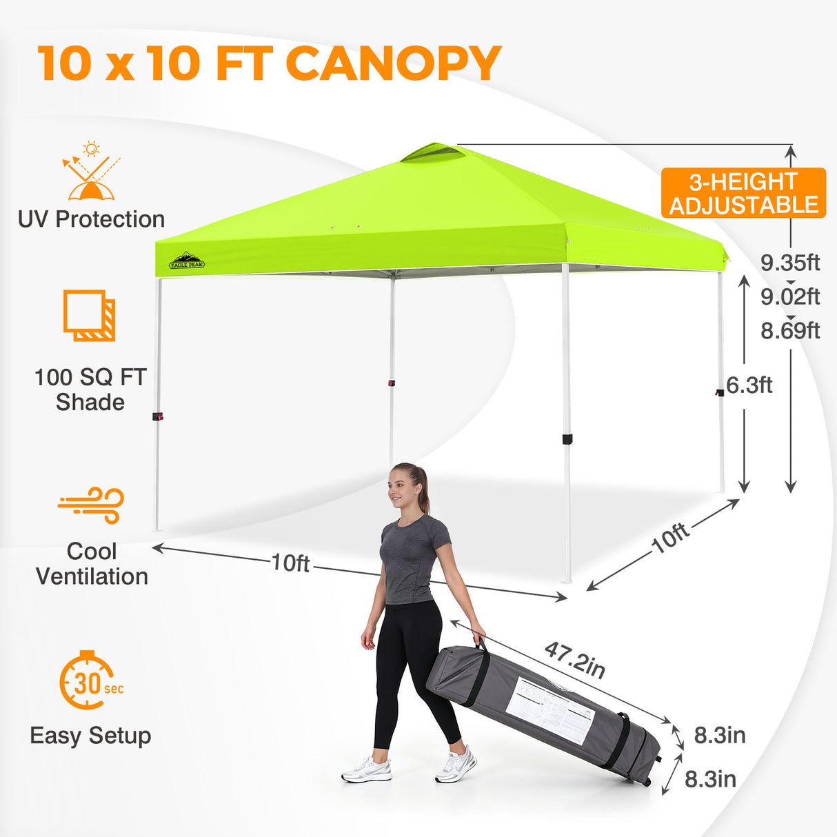 Easy Setup Straight Leg 10x10 Pop Up Canopy Tent w/ 100 sqft of Shade