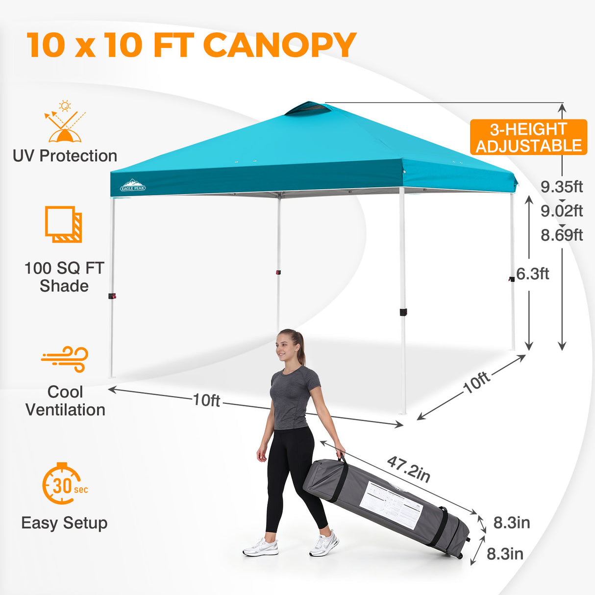 Easy Setup Straight Leg 10x10 Pop Up Canopy Tent w/ 100 sqft of Shade