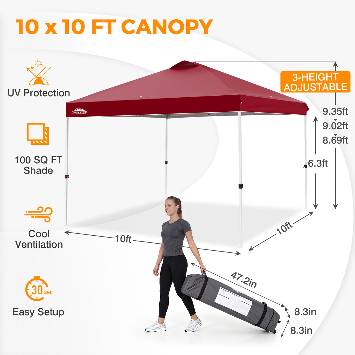 Easy Setup Straight Leg 10x10 Pop Up Canopy Tent w/ 100 sqft of Shade