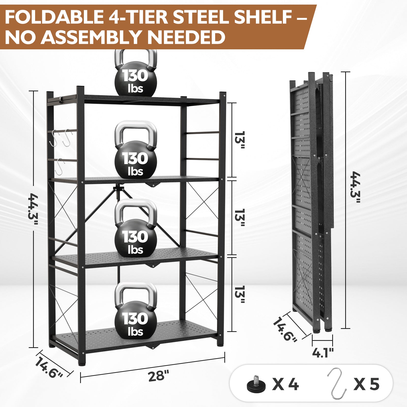 4-Tier Foldable Greenhouse Shelf, 28”x14.6”x44.7”, 520 lbs, 1/2