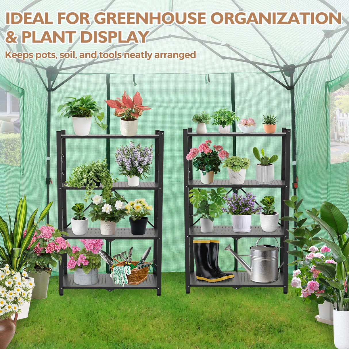 4 - Tier Foldable Greenhouse Shelf, 28”x14.6”x44.7”, 520 lbs, 1/2 Pack, Black - Eagle Peak Custom Canopy Tent