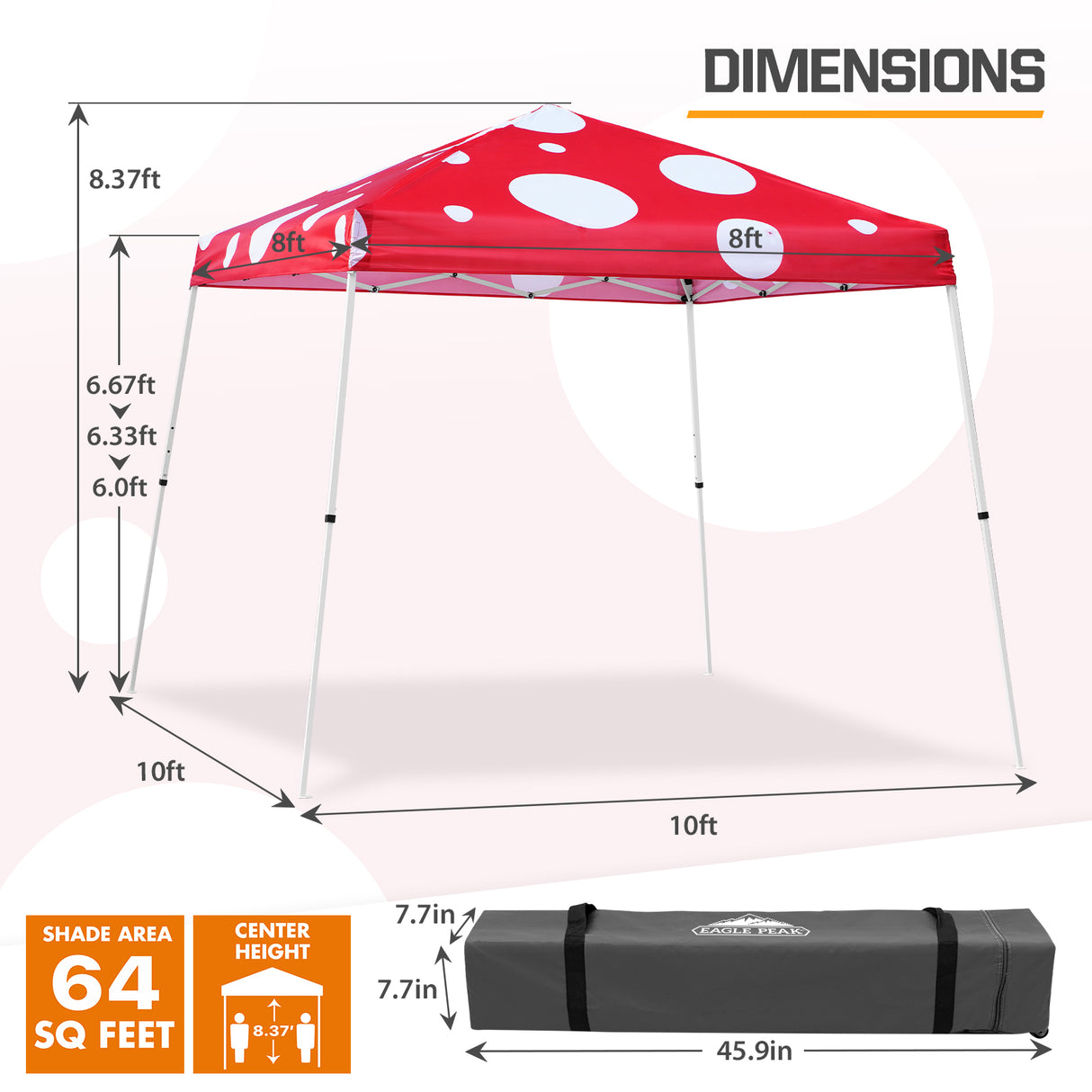 Eagle Peak SHADE GRAPHiX Slant Leg 10x10 Easy Setup Pop Up Canopy Tent (Red Mushroom Top)