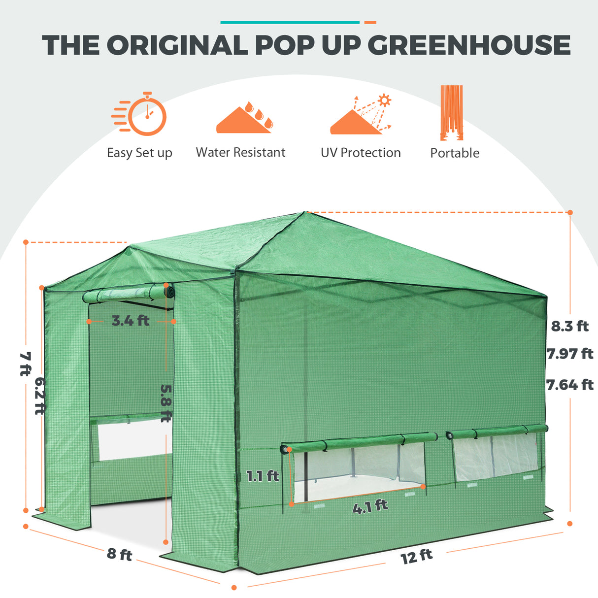12x8 Portable Large Walk-in Pop Up Greenhouse