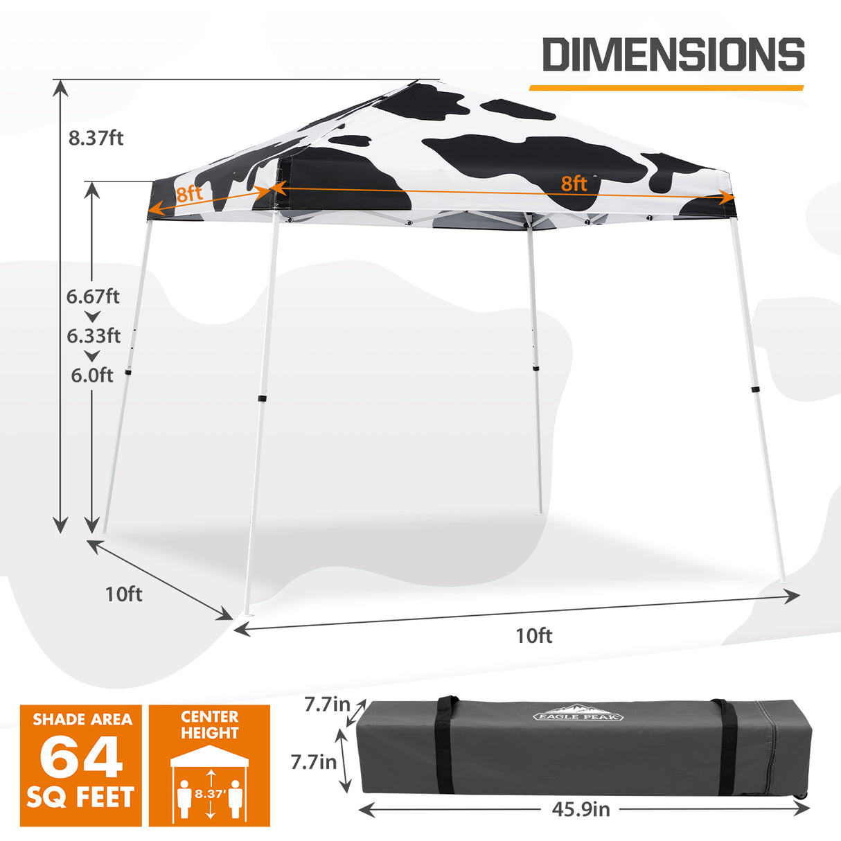Eagle Peak SHADE GRAPHiX Slant Leg 10x10 Easy Setup Pop Up Canopy Tent with Digital Printed Cow Print Top