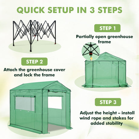 6x6/ 8x8/ 10x10 Portable Pop Up Greenhouse, Patented Center Lock with Gable Roof
