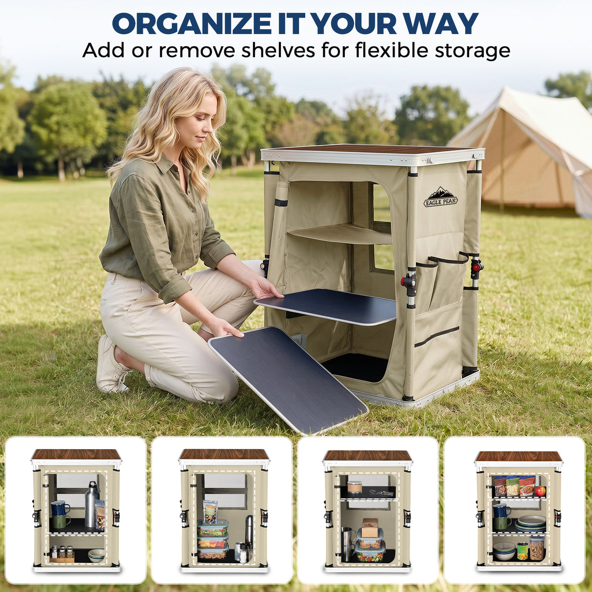 Outdoor Camping Pop Up Folding Table with Large 3-Tier Storage Organizer and Side Pockets