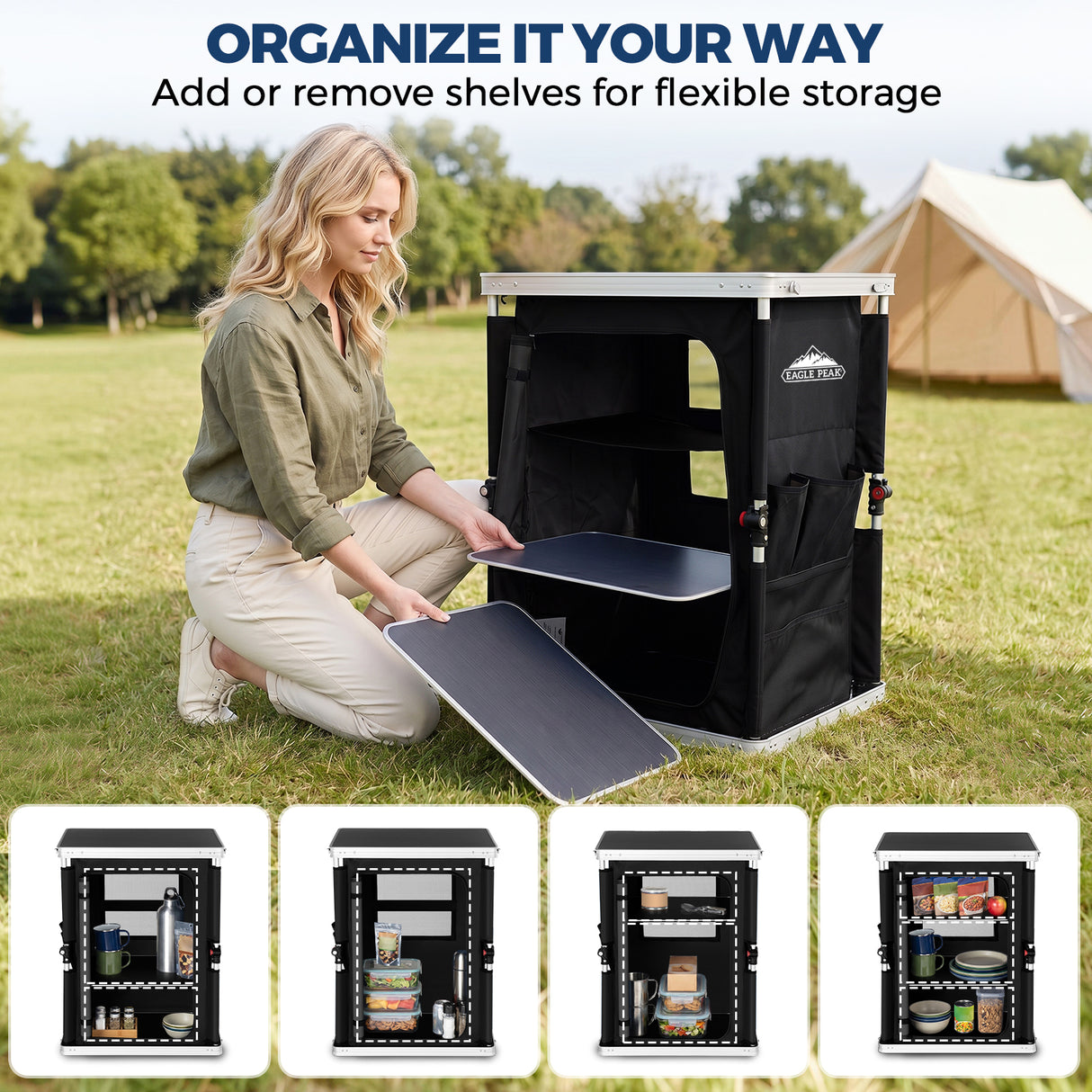 Outdoor Camping Pop Up Folding Table with Large 3-Tier Storage Organizer and Side Pockets