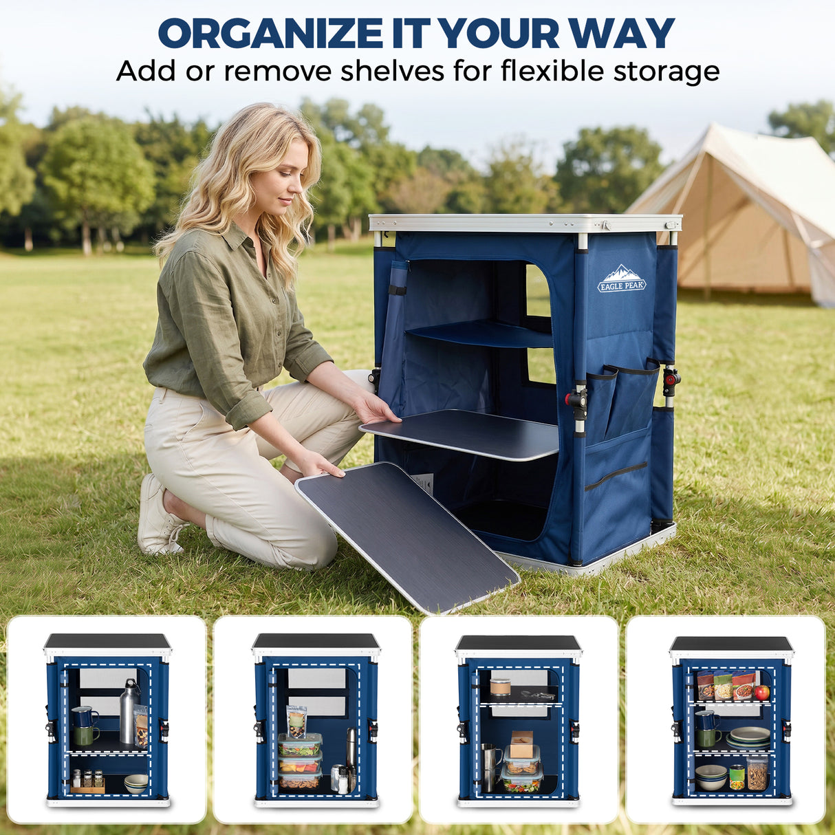 Outdoor Camping Pop Up Folding Table with Large 3-Tier Storage Organizer and Side Pockets