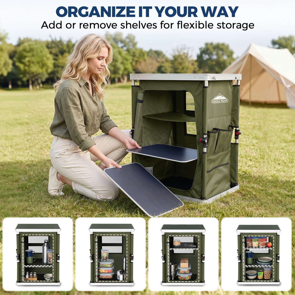 Outdoor Camping Pop Up Folding Table with Large 3-Tier Storage Organizer and Side Pockets