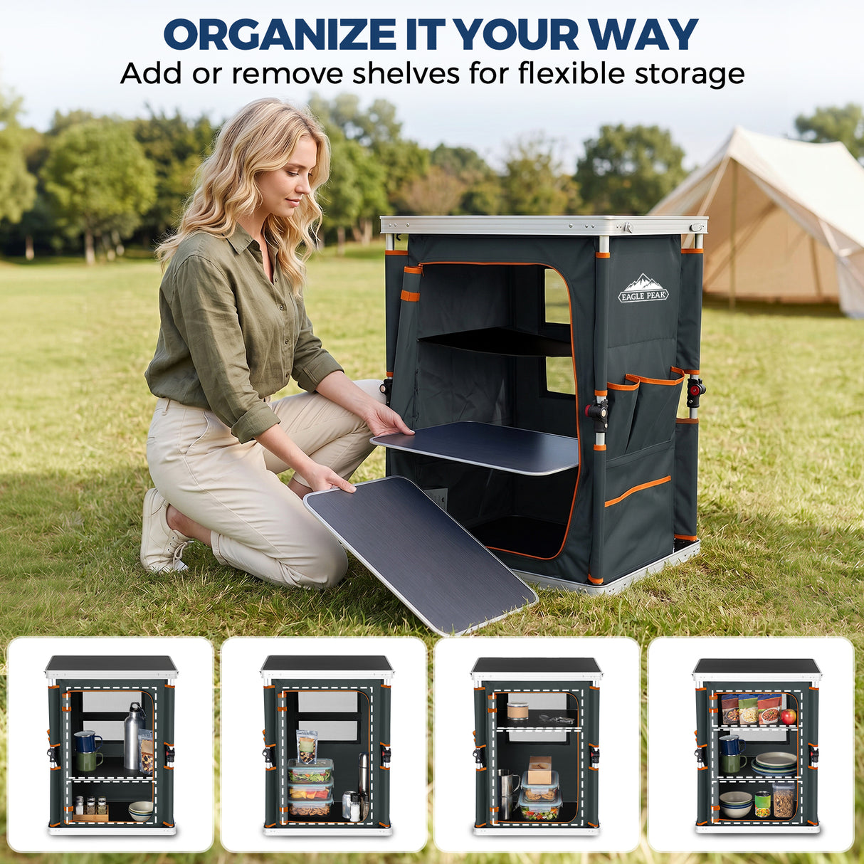 Outdoor Camping Pop Up Folding Table with Large 3-Tier Storage Organizer and Side Pockets