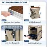 Outdoor Camping Pop Up Folding Table with Large 3-Tier Storage Organizer and Side Pockets