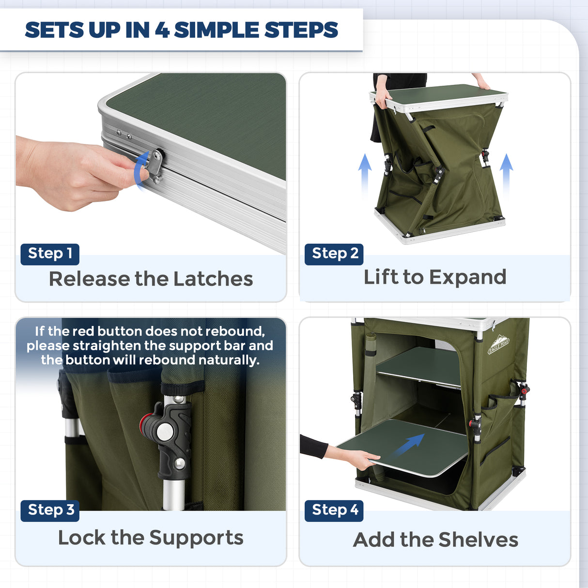 Outdoor Camping Pop Up Folding Table with Large 3-Tier Storage Organizer and Side Pockets