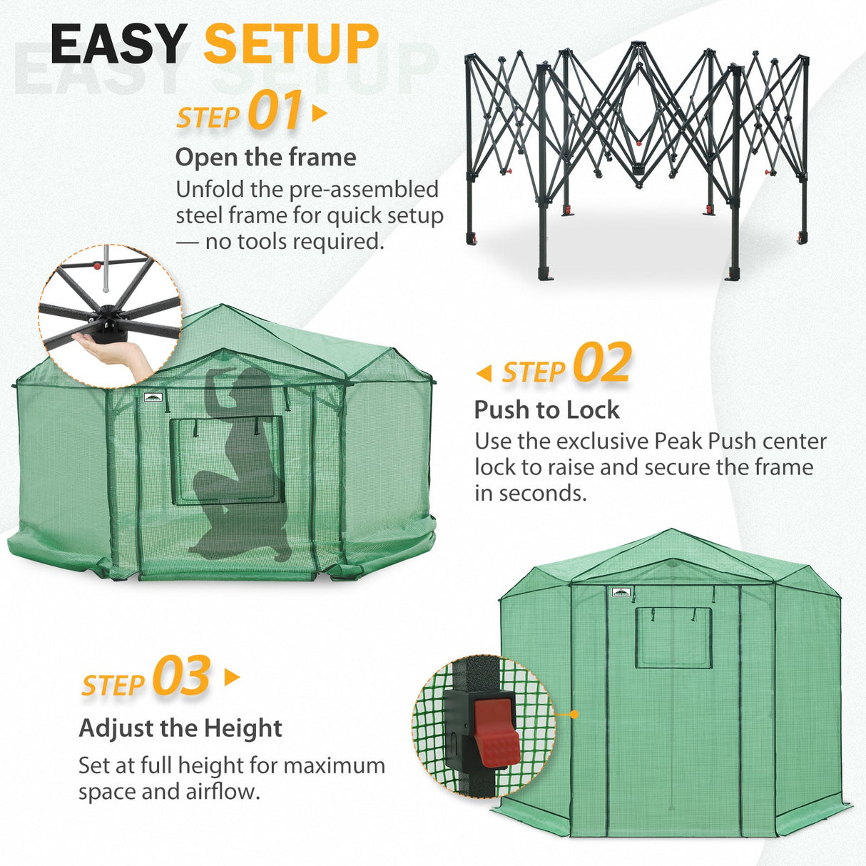 6.6x6.6 ft/ 8.5x8.5 ft Hexagon Pop up Greenhouse - Eagle Peak