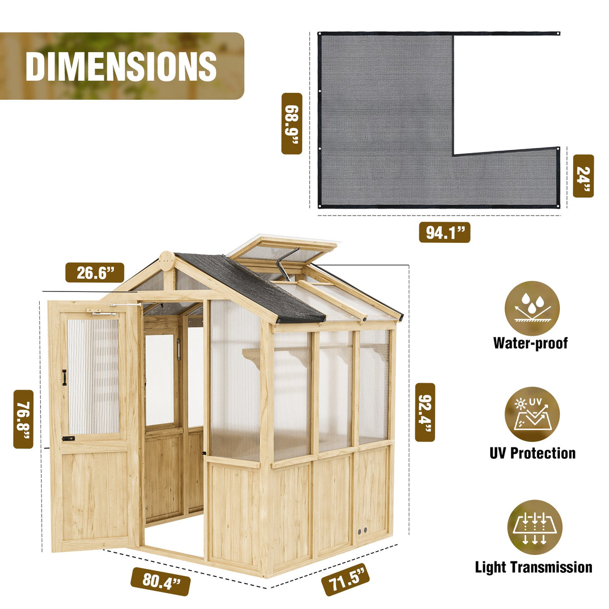 6.7x6x7.7 ft / 6.7x7.8x7.7 ft/ 6.7x9.7x7.7 ft Wood Greenhouse - Eagle Peak Custom Canopy Tent