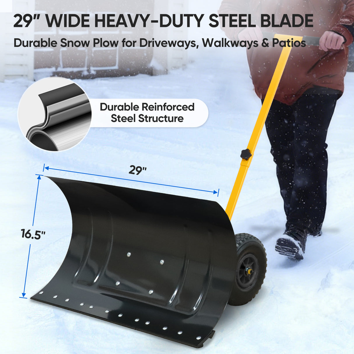 Wheeled Snow Shovel for Driveway 29”x16.5” Blade, Single/Dual Rod
