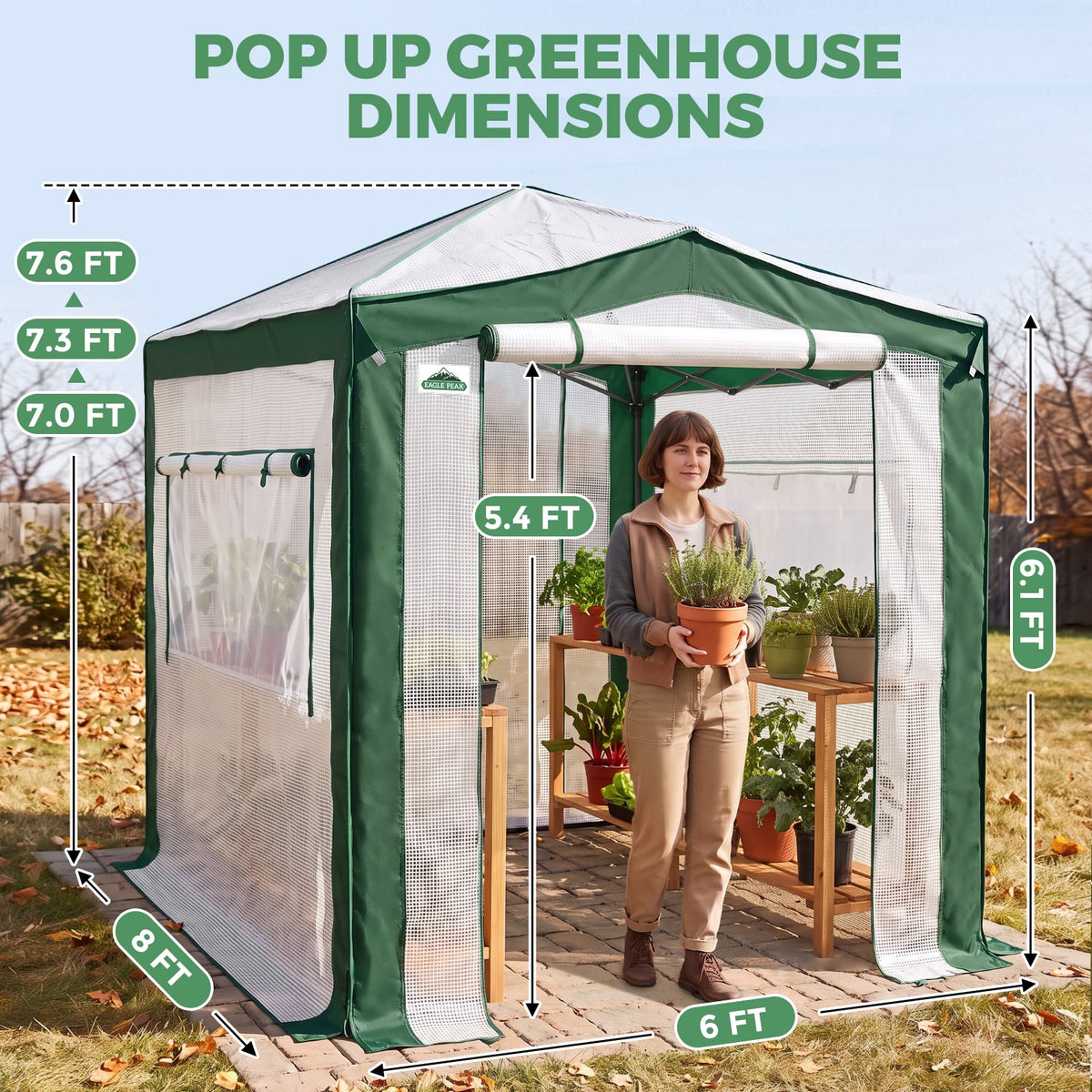 6x4/8x6/10x10 Walk In Pop Up Greenhouse - Eagle Peak®