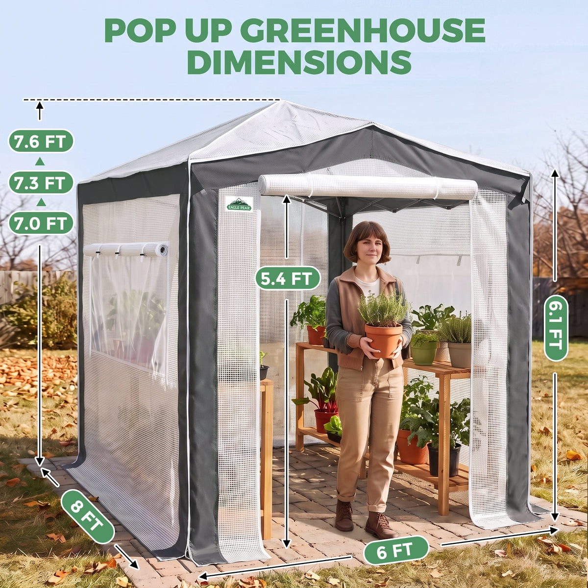 6x4/8x6/10x10 Walk In Pop Up Greenhouse - Eagle Peak®
