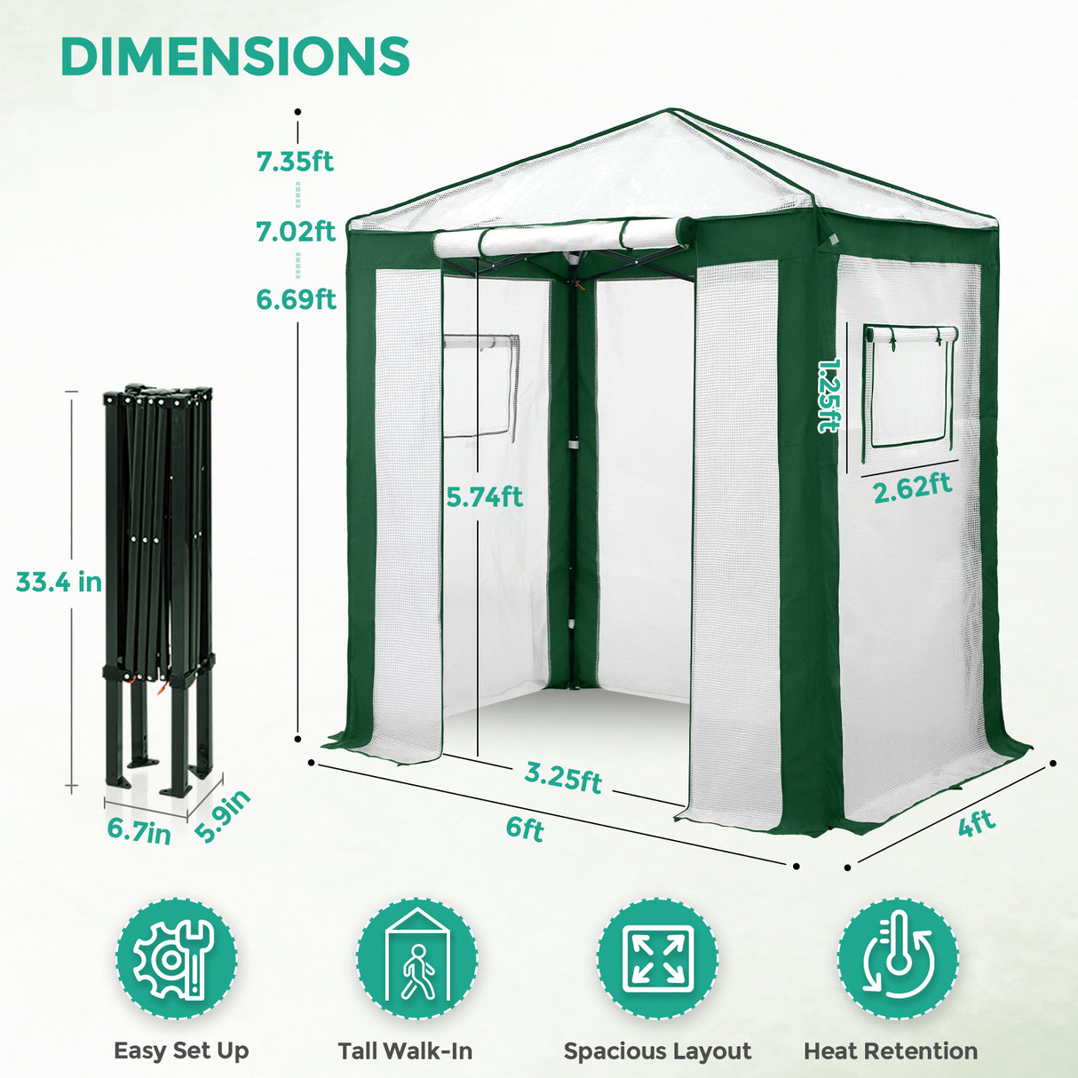 6x4/8x6/10x10 Portable Walk in Greenhouse with Polyester Reinforced Corners, Gray/White, Green/White