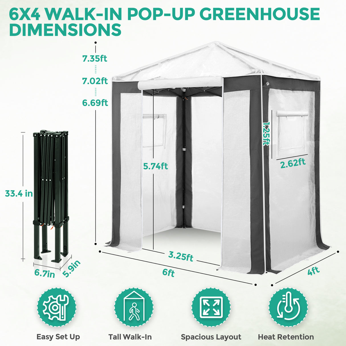 6x4/8x6/10x10 Portable Walk in Greenhouse with Polyester Reinforced Corners, Gray/White, Green/White