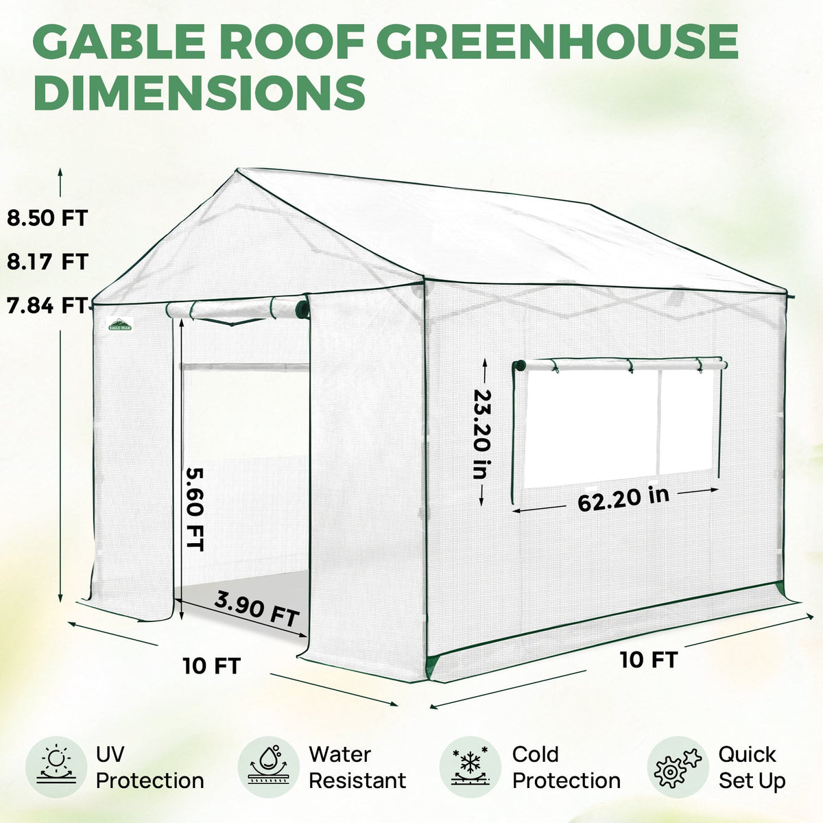 6x6/ 6x8/ 8x8/ 10x10 Pop Up Walk In Greenhouse, Easy Setup, Gable Roof - Eagle Peak®