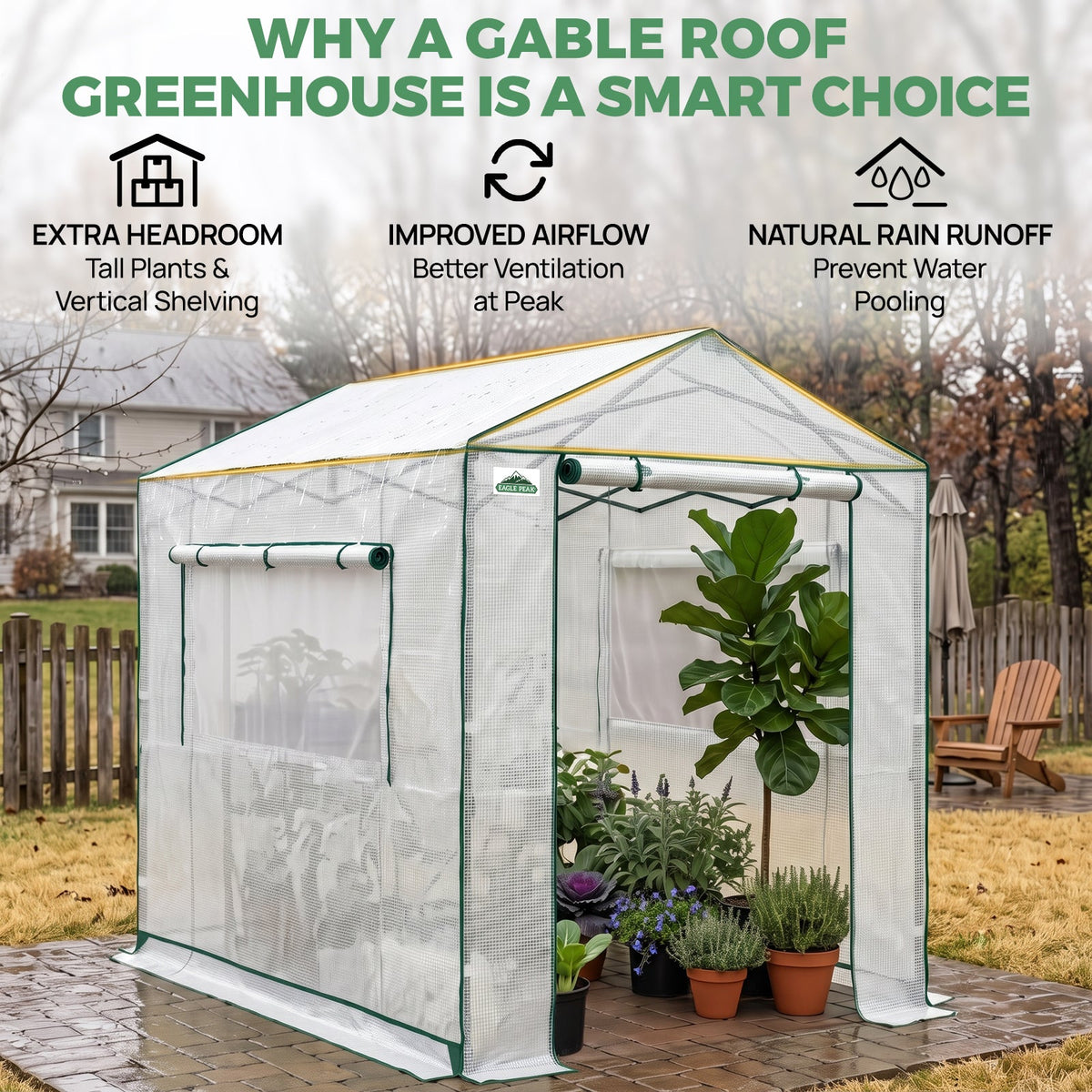 6x6/ 6x8/ 8x8/ 10x10 Pop Up Walk In Greenhouse, Easy Setup, Gable Roof - Eagle Peak®