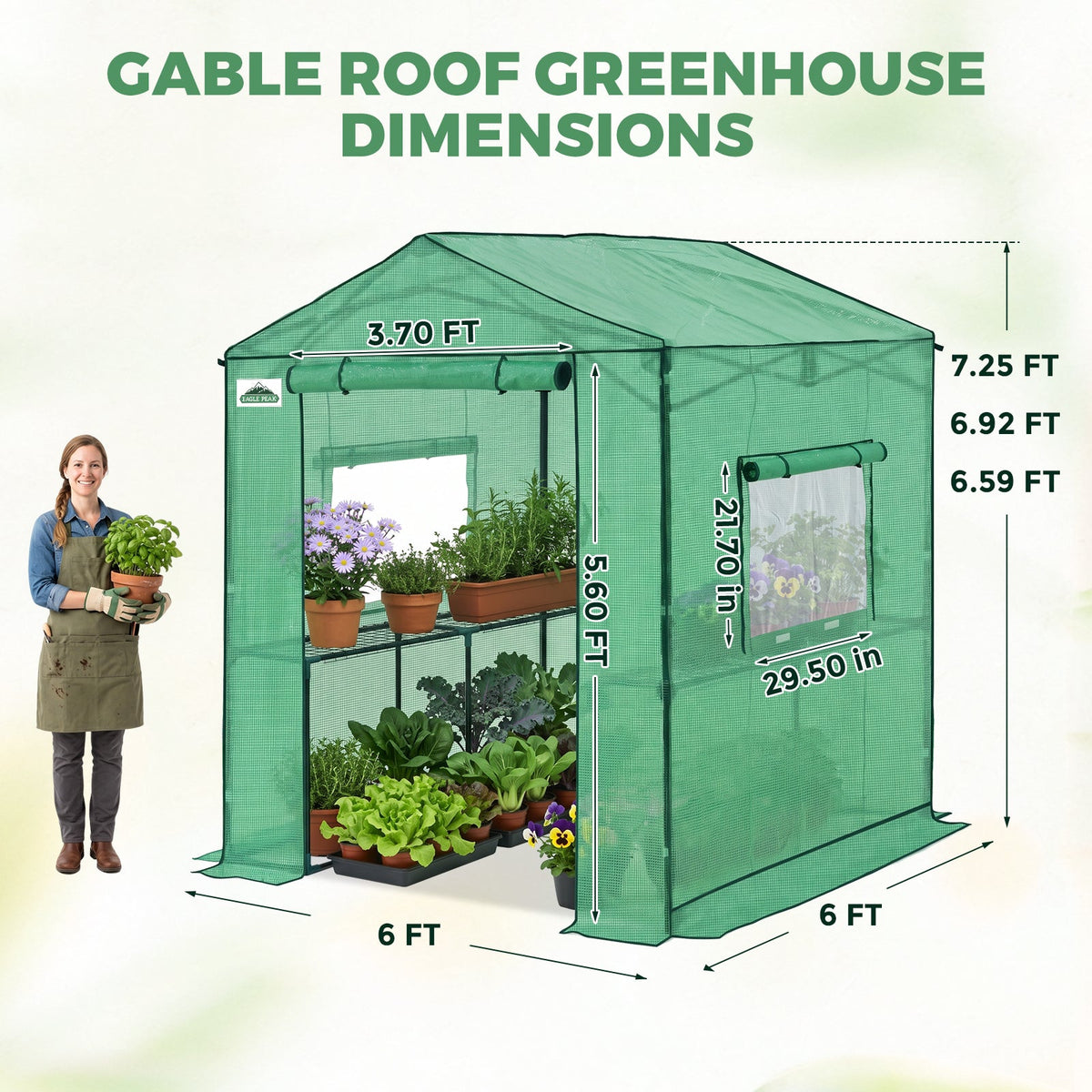 6x6/ 6x8/ 8x8/ 10x10 Pop Up Walk In Greenhouse, Easy Setup, Gable Roof - Eagle Peak®