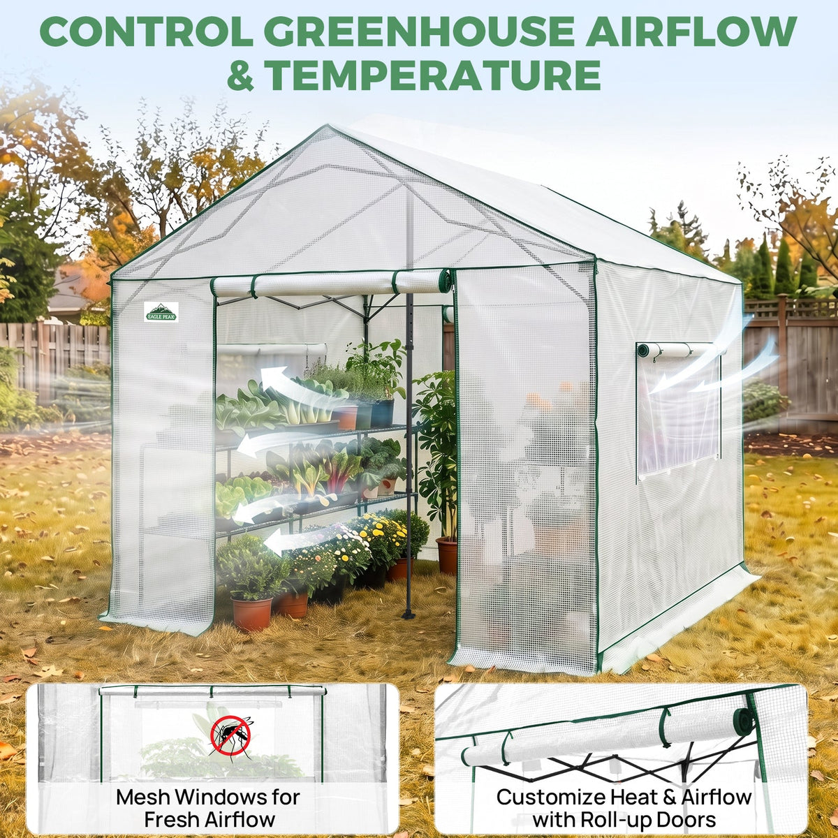 6x6/ 6x8/ 8x8/ 10x10 Pop Up Walk In Greenhouse, Easy Setup, Gable Roof - Eagle Peak®