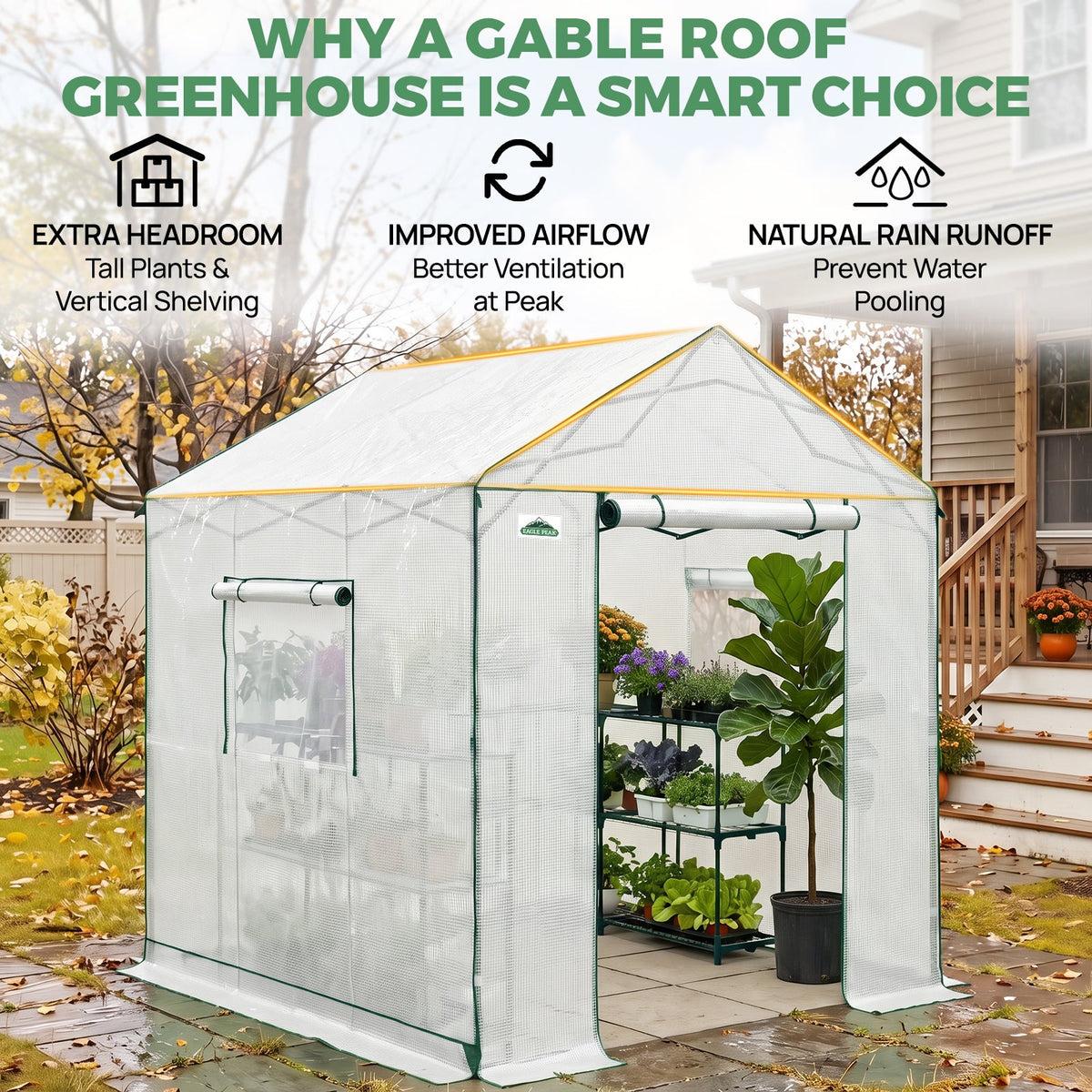 6x6/ 6x8/ 8x8/ 10x10 Pop Up Walk In Greenhouse, Easy Setup, Gable Roof - Eagle Peak®