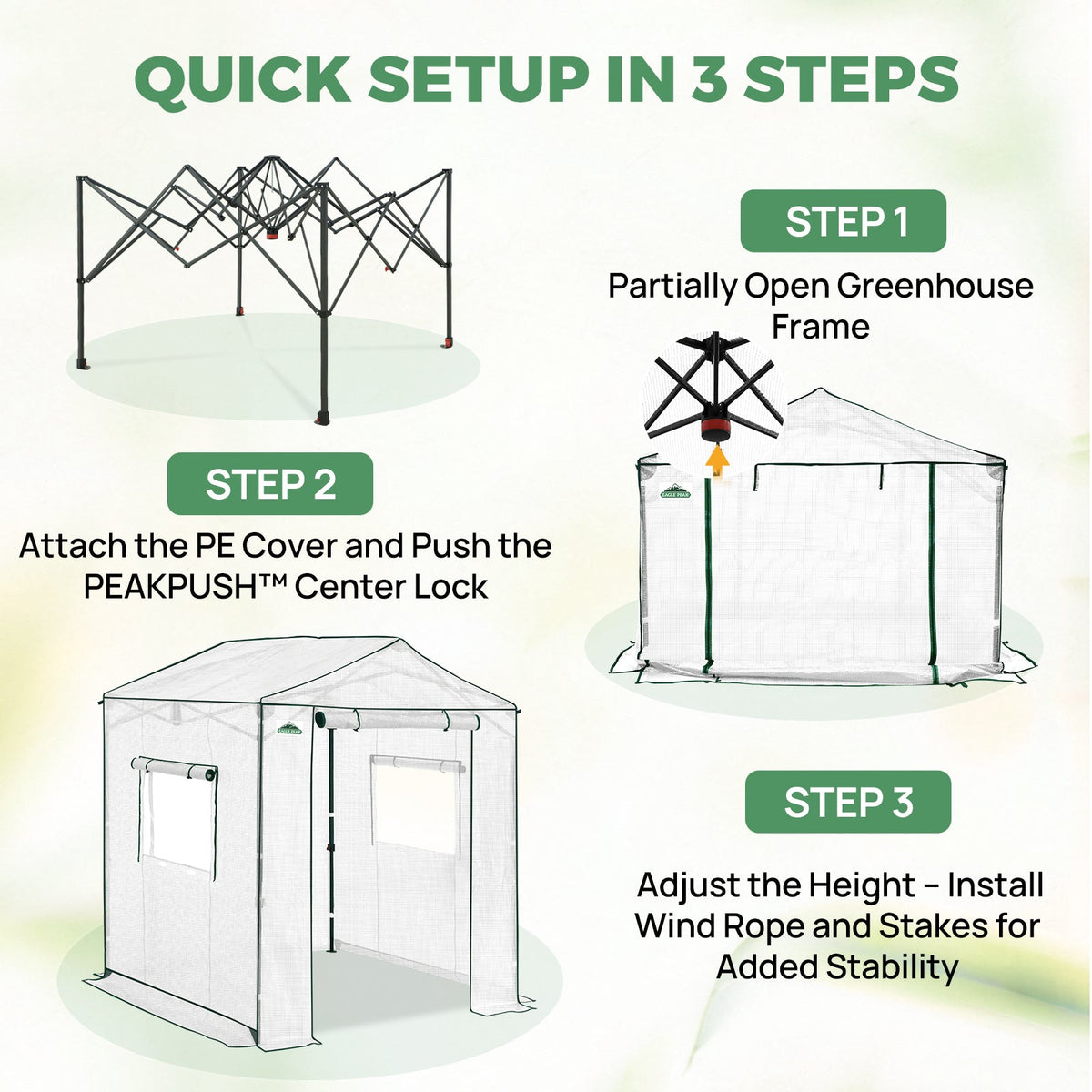 6x6/ 6x8/ 8x8/ 10x10 Pop Up Walk In Greenhouse, Easy Setup, Gable Roof - Eagle Peak®