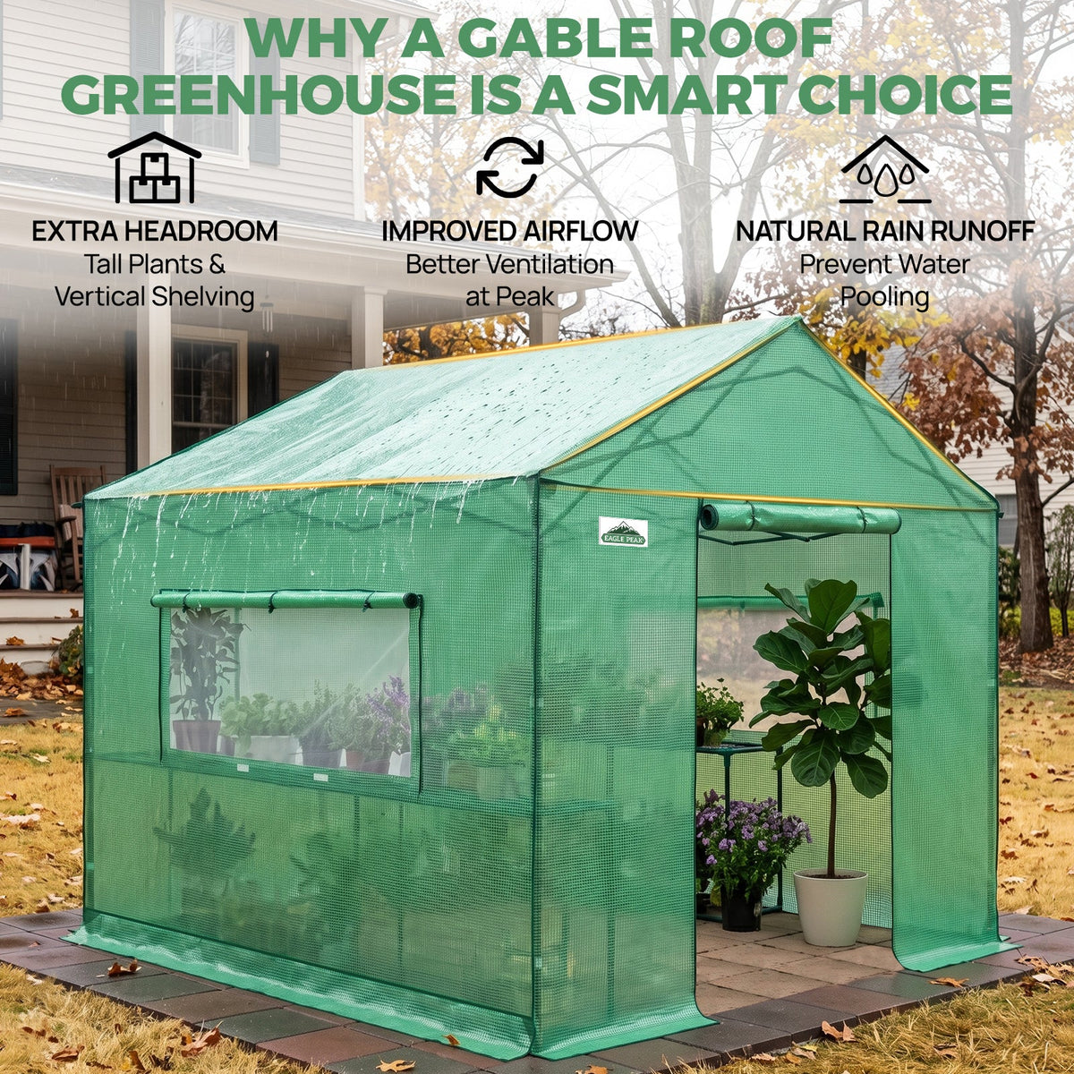 6x6/ 6x8/ 8x8/ 10x10 Pop Up Walk In Greenhouse, Easy Setup, Gable Roof - Eagle Peak®