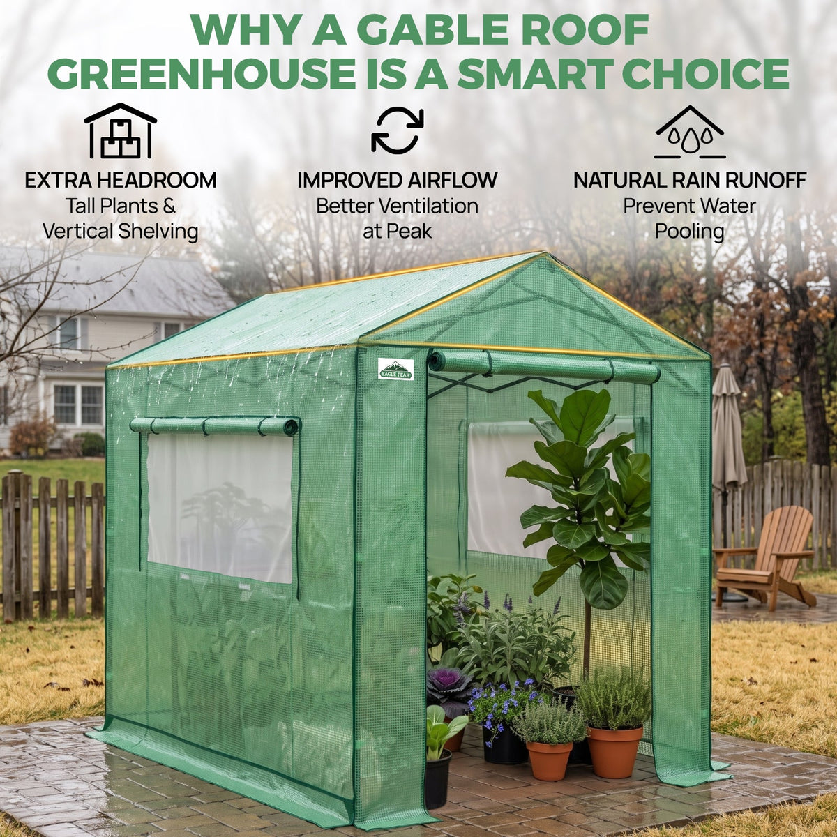 6x6/ 6x8/ 8x8/ 10x10 Pop Up Walk In Greenhouse, Easy Setup, Gable Roof - Eagle Peak®
