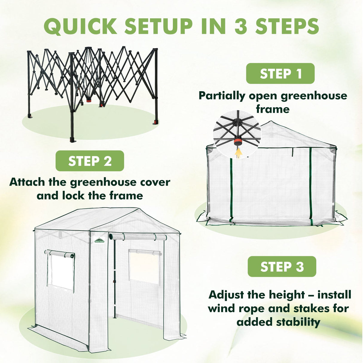 6x6/ 8x8/ 10x10 Portable Pop Up Greenhouse, Patented Center Lock with Gable Roof - Eagle Peak Custom Canopy Tent