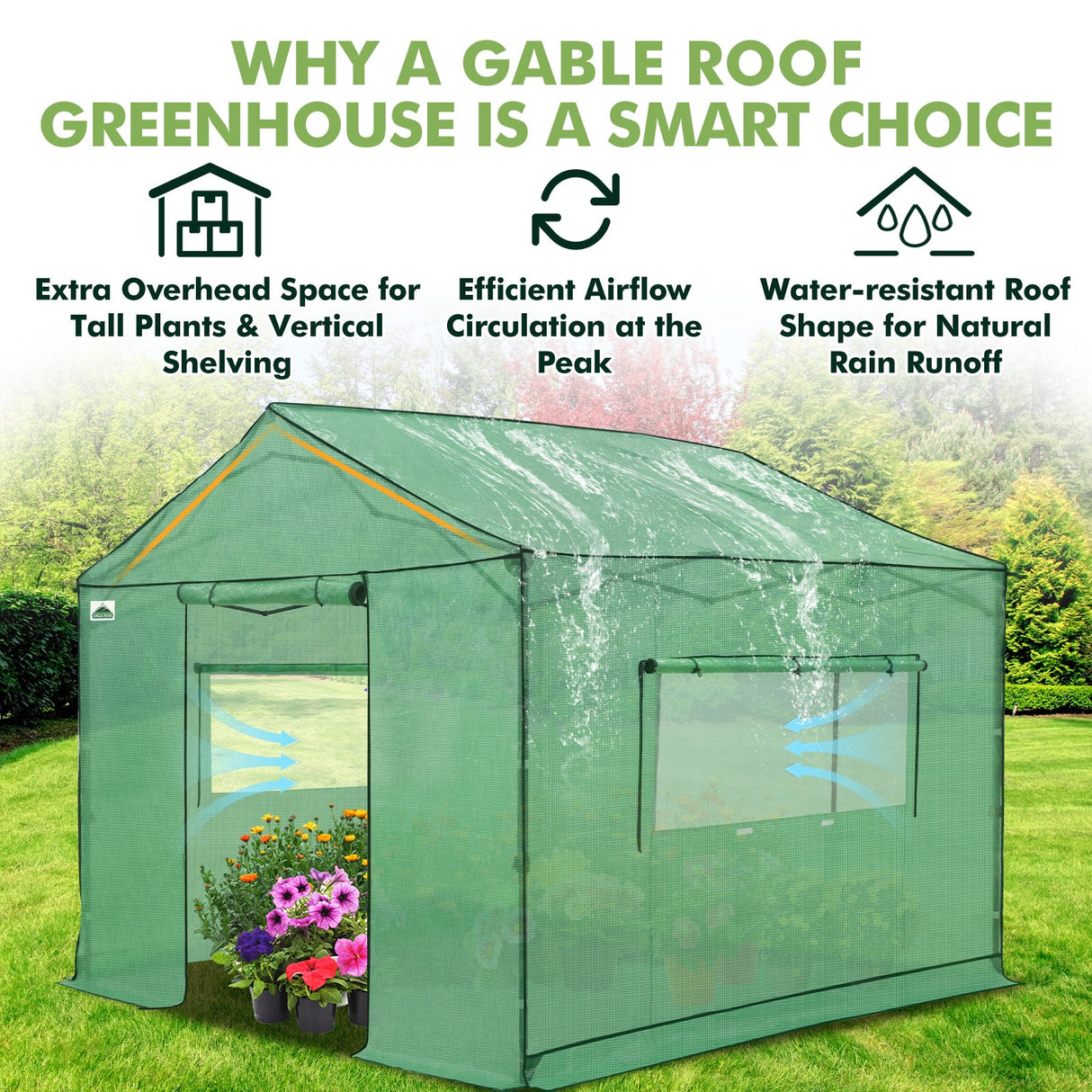 6x6/ 8x8/ 10x10 Portable Pop Up Greenhouse, Patented Center Lock with Gable Roof - Eagle Peak