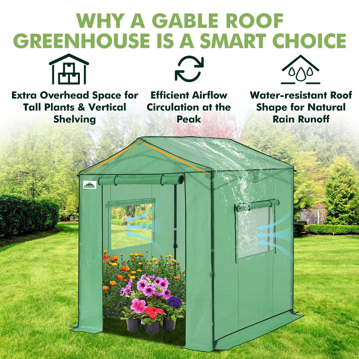 6x6/ 8x8/ 10x10 Portable Pop Up Greenhouse, Patented Center Lock with Gable Roof - Eagle Peak