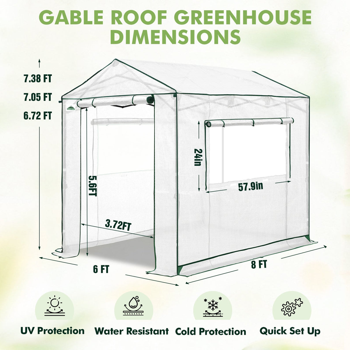 6x6/ 8x8/ 10x10 Portable Pop Up Greenhouse, Patented Center Lock with Gable Roof - Eagle Peak®