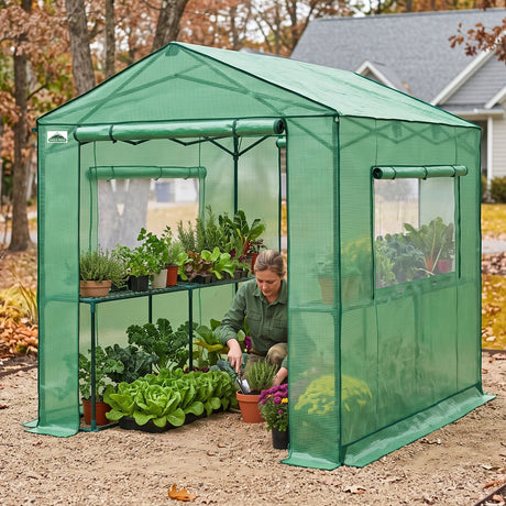 6x6/ 6x8/ 8x8/ 10x10 Pop Up Walk In Greenhouse, Easy Setup, Gable Roof
