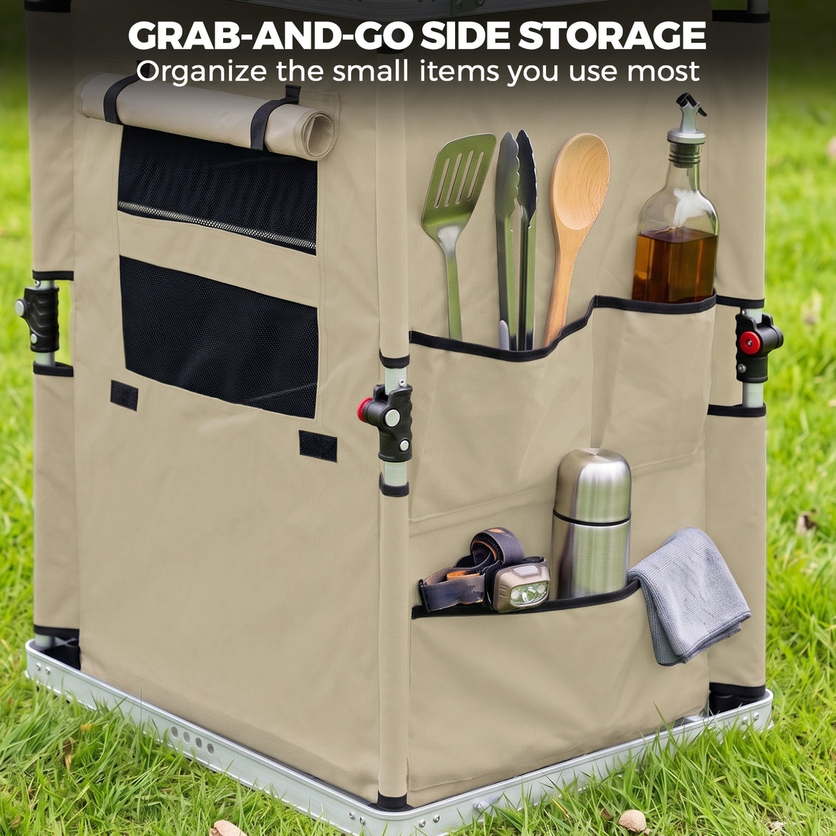 Outdoor Camping Pop Up Folding Table with Large 3-Tier Storage Organizer and Side Pockets