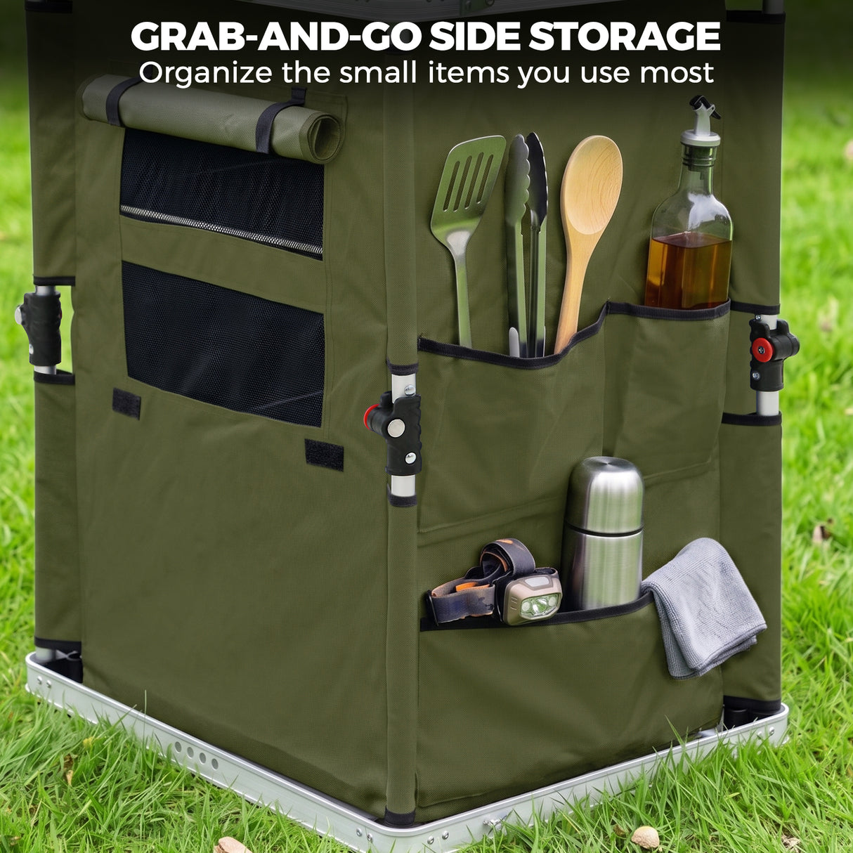 Outdoor Camping Pop Up Folding Table with Large 3-Tier Storage Organizer and Side Pockets