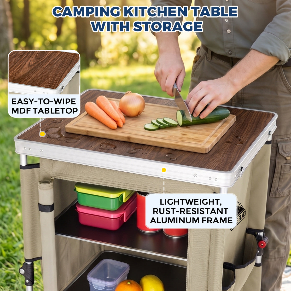 Outdoor Camping Pop Up Folding Table with Large 3-Tier Storage Organizer and Side Pockets