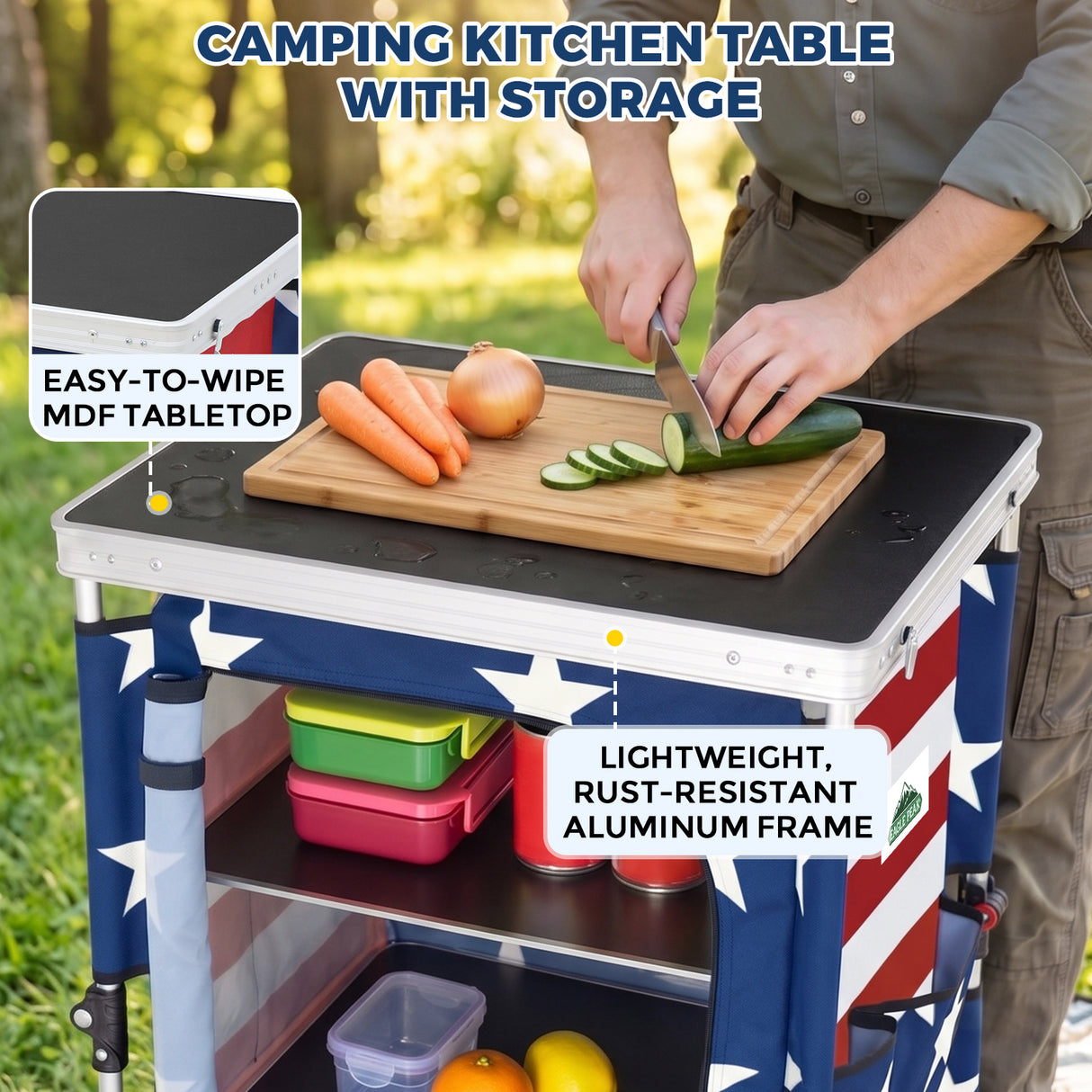Outdoor Camping Pop Up Folding Table with Large 3-Tier Storage Organizer and Side Pockets