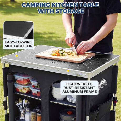 Double Camping Folding Table with Storage Organizer and Side Pockets
