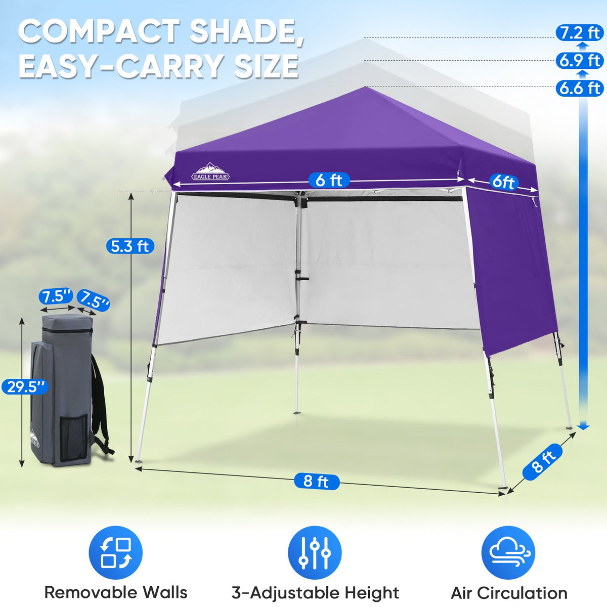 8x8 Pop Up Canopy Tent with 3 Half Walls, Compact - Eagle Peak®
