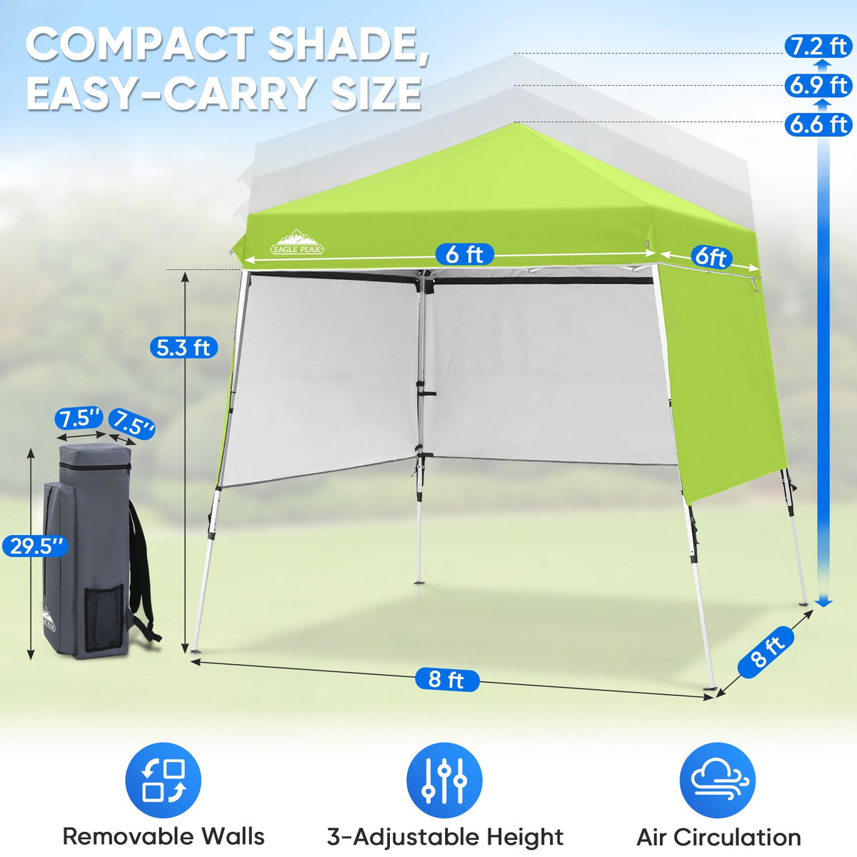 8x8 Pop Up Canopy Tent with 3 Half Walls, Compact - Eagle Peak®