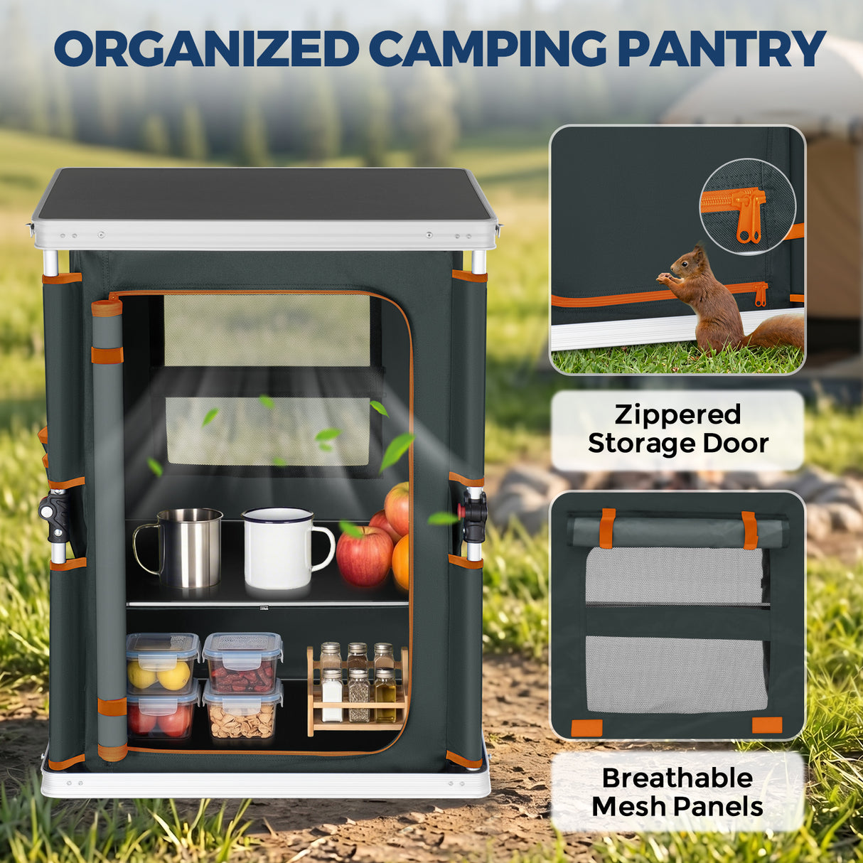 Outdoor Camping Pop Up Folding Table with Large 3-Tier Storage Organizer and Side Pockets