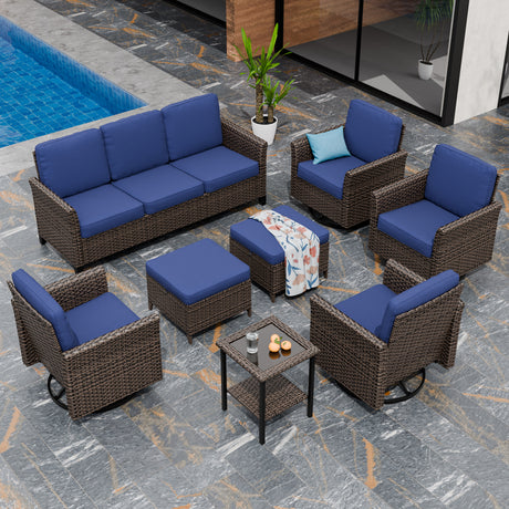 Ocean Vista Wicker Outdoor Patio Furniture Set with 4 Swivel Chairs Couch Ottomans Table, 8 Piece