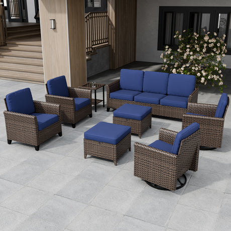 Ocean Vista Wicker Outdoor Patio Furniture Set, Patio and Swivel Chairs Couch Ottomans Table, 8 Piece, Beige/Blue