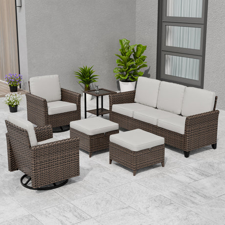 Ocean Vista Wicker Outdoor Patio Furniture Set, Couch Swivel Rocking Chairs Ottomans Table, 6 Piece