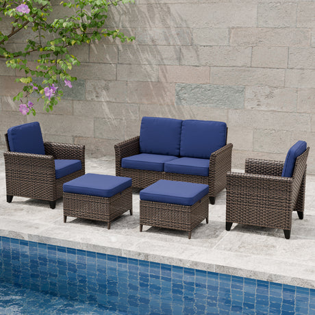 Ocean Vista Wicker Outdoor Patio Furniture Set w/ 2-Seat Loveseat, Patio Chairs, 5 Piece