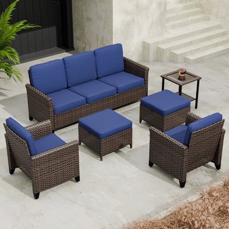Ocean Vista Wicker Outdoor Patio Furniture Set, Couch Chairs Ottomans Table, 6 Piece