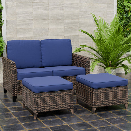 Ocean Vista Outdoor Wicker Loveseat Sofa with 2 Ottomans, Set of 3
